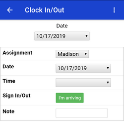 screenshot of clock in/out page